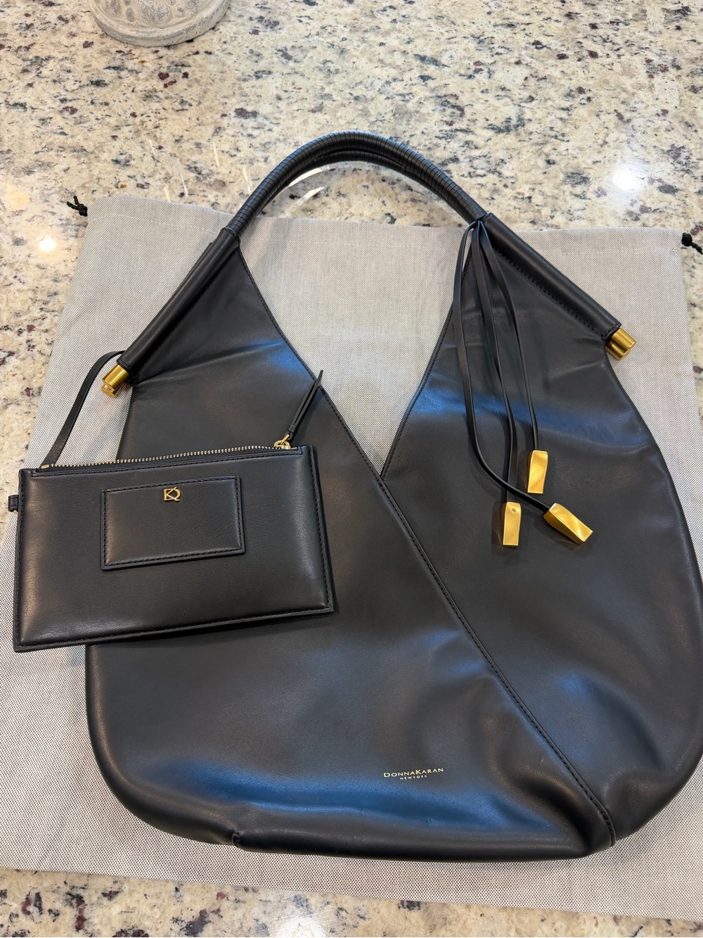 Donna Karan Black Leather Shoulder Hobo with Gold Hardware - Picture 2 of 11